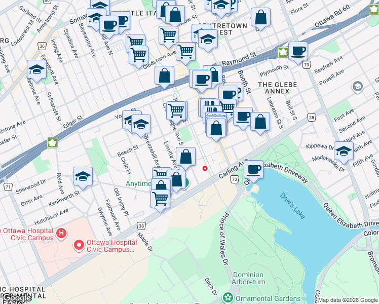 map of restaurants, bars, coffee shops, grocery stores, and more near 111 Champagne Avenue South in Ottawa