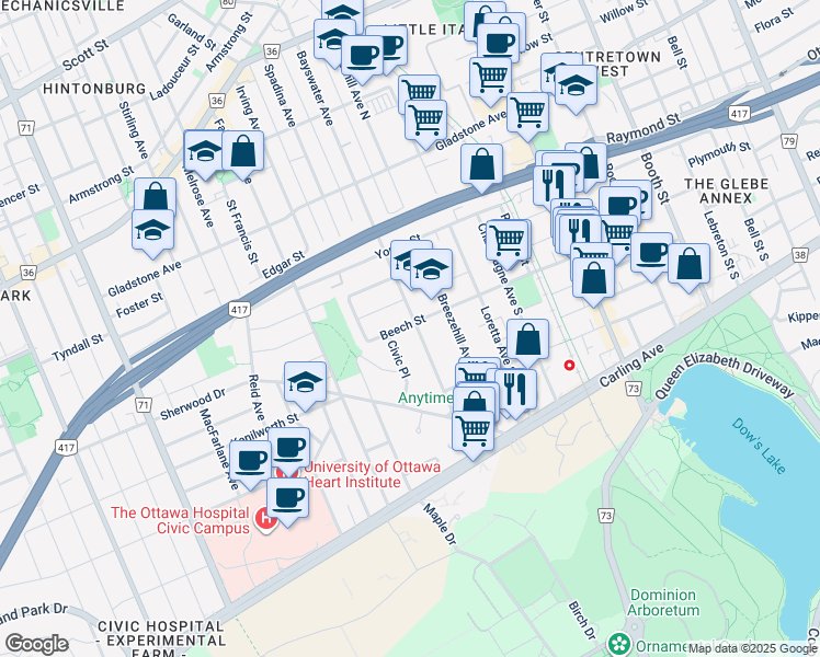 map of restaurants, bars, coffee shops, grocery stores, and more near 256 Bayswater Avenue in Ottawa