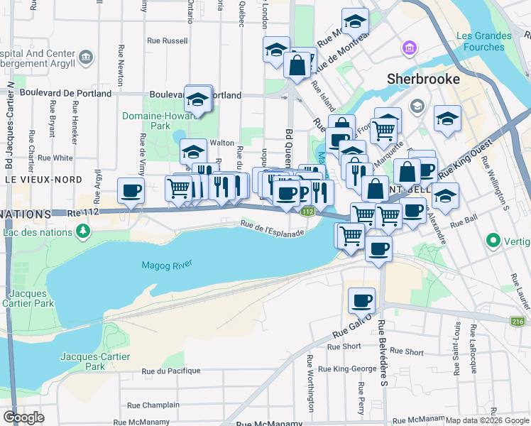 map of restaurants, bars, coffee shops, grocery stores, and more near 984 Rue King Ouest in Sherbrooke