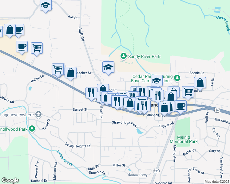 map of restaurants, bars, coffee shops, grocery stores, and more near 38457 Hood Street in Sandy