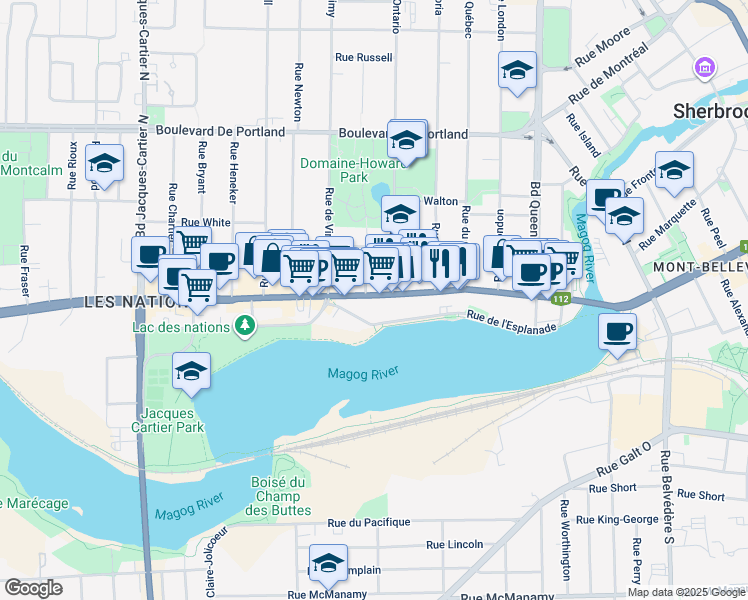 map of restaurants, bars, coffee shops, grocery stores, and more near 1304 Rue King Ouest in Sherbrooke
