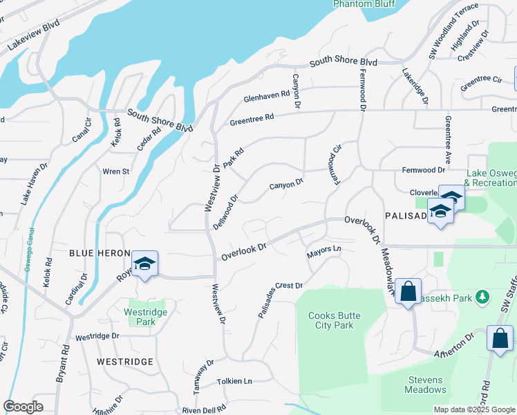map of restaurants, bars, coffee shops, grocery stores, and more near 17380 Canyon Drive in Lake Oswego