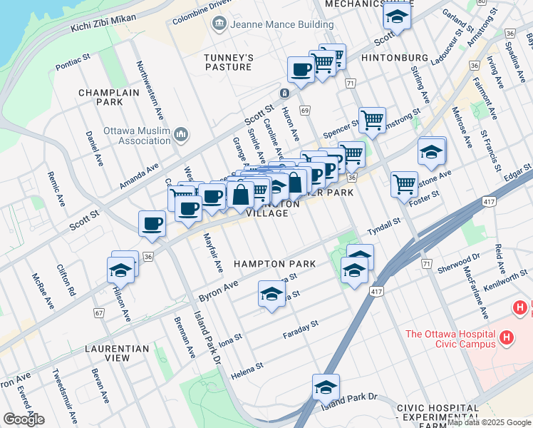 map of restaurants, bars, coffee shops, grocery stores, and more near in Ottawa