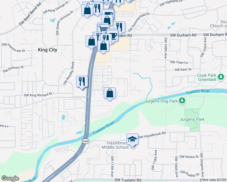map of restaurants, bars, coffee shops, grocery stores, and more near 11560 Southwest Royal Villa Drive in Portland