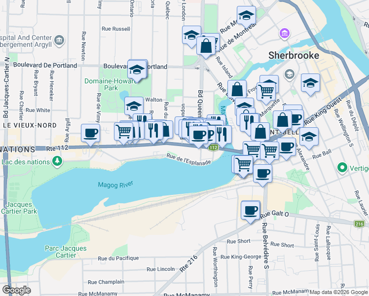 map of restaurants, bars, coffee shops, grocery stores, and more near 984 Rue King Ouest in Sherbrooke