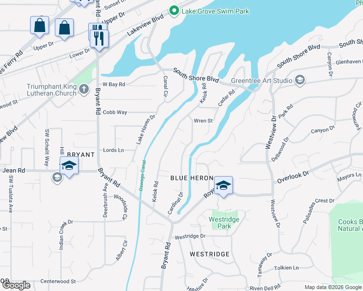 map of restaurants, bars, coffee shops, grocery stores, and more near 17438 Cardinal Drive in Lake Oswego
