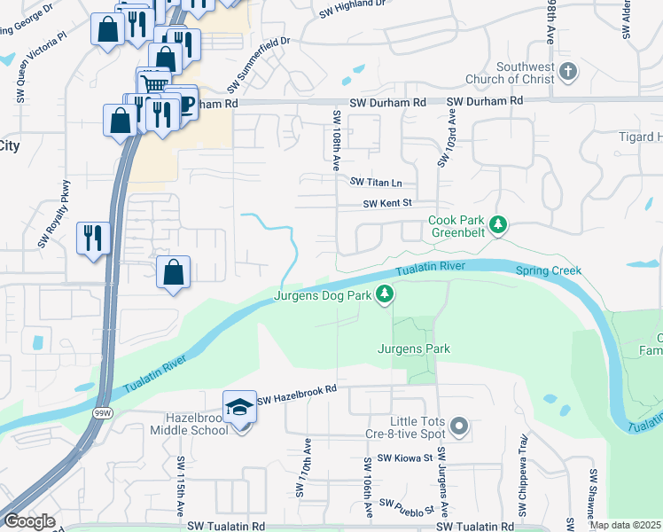 map of restaurants, bars, coffee shops, grocery stores, and more near 16740 Southwest 108th Avenue in Tigard