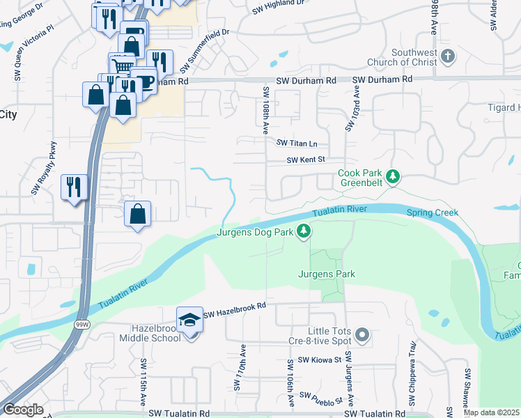 map of restaurants, bars, coffee shops, grocery stores, and more near 16740 Southwest 108th Avenue in Tigard