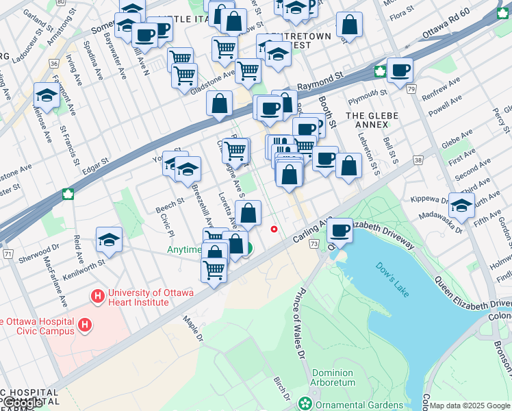 map of restaurants, bars, coffee shops, grocery stores, and more near in Ottawa