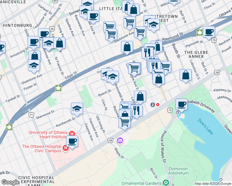 map of restaurants, bars, coffee shops, grocery stores, and more near 175 Beech Street in Ottawa