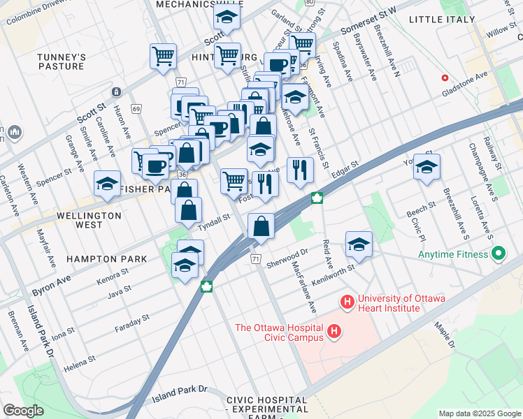map of restaurants, bars, coffee shops, grocery stores, and more near 11b Sims Avenue in Ottawa