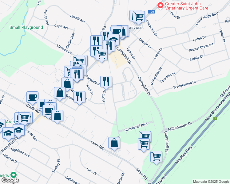 map of restaurants, bars, coffee shops, grocery stores, and more near 25 Chapel Road in Rothesay