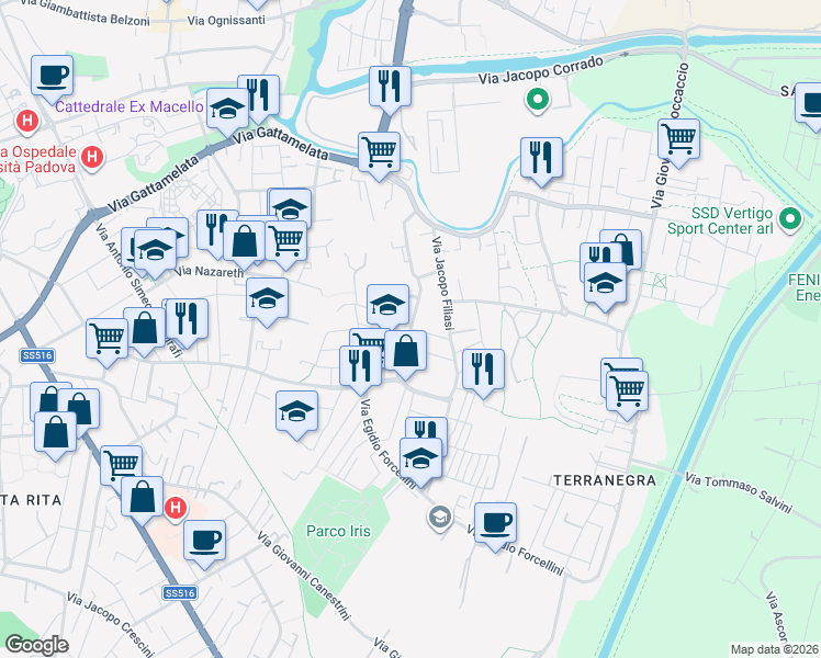 map of restaurants, bars, coffee shops, grocery stores, and more near Via Federico Cordenons in Padua
