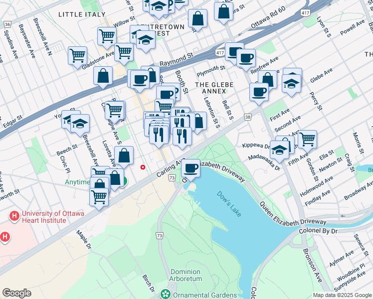 map of restaurants, bars, coffee shops, grocery stores, and more near in Ottawa