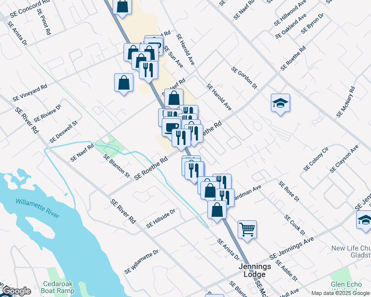 map of restaurants, bars, coffee shops, grocery stores, and more near 4400 Southeast Roethe Road in Milwaukie