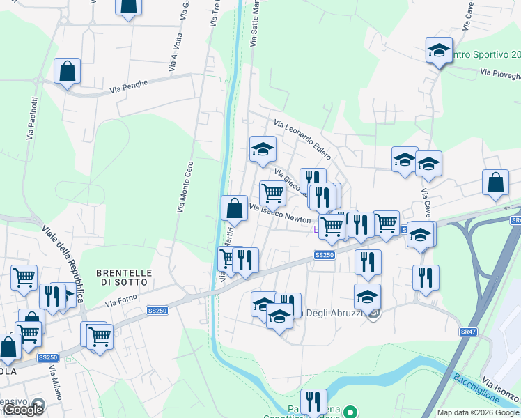 map of restaurants, bars, coffee shops, grocery stores, and more near Via Bonaventura Cavalieri in Padova