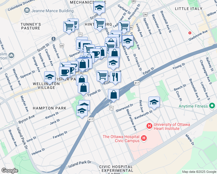 map of restaurants, bars, coffee shops, grocery stores, and more near 37 Sims Avenue in Ottawa