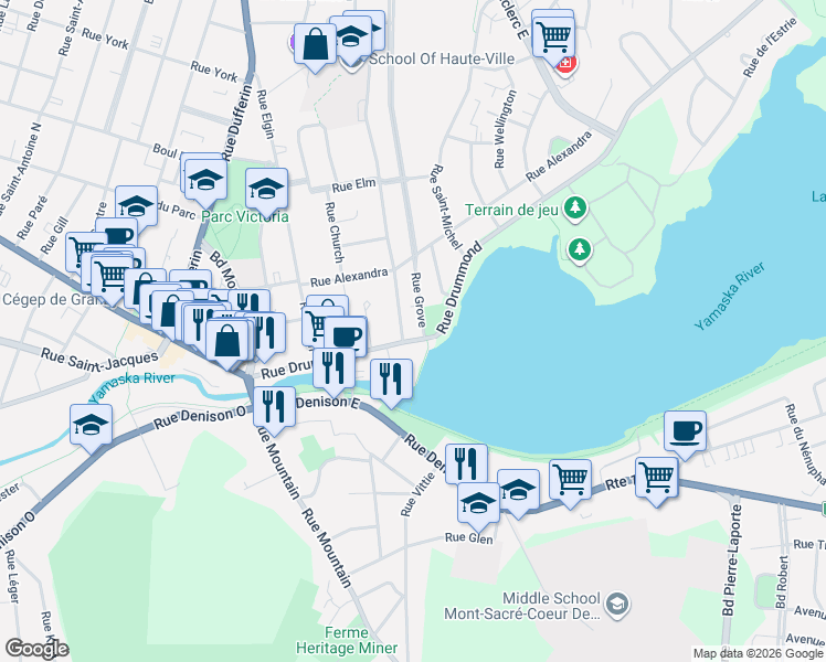 map of restaurants, bars, coffee shops, grocery stores, and more near 113 Rue Drummond in Granby