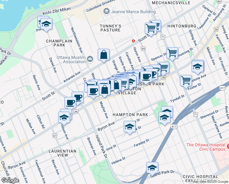 map of restaurants, bars, coffee shops, grocery stores, and more near 1340 Wellington Street West in Ottawa