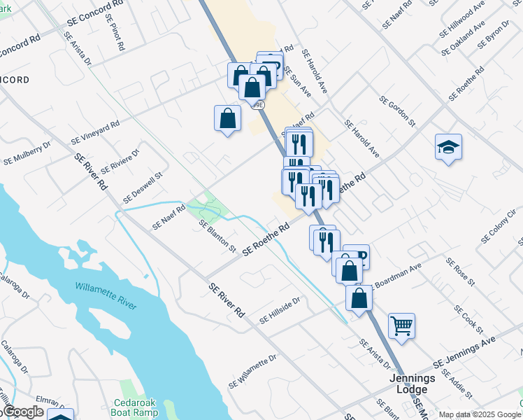 map of restaurants, bars, coffee shops, grocery stores, and more near 4203 SE Roethe Rd in Milwaukie