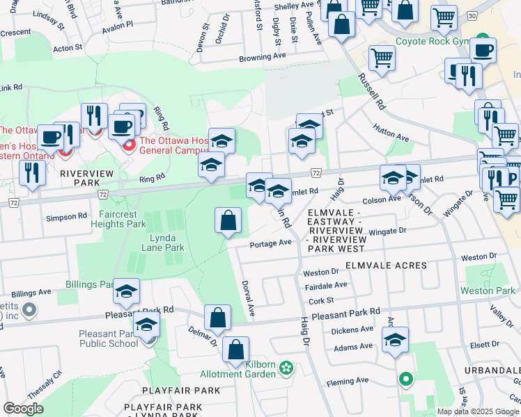 map of restaurants, bars, coffee shops, grocery stores, and more near 1900 Dauphin Road in Ottawa