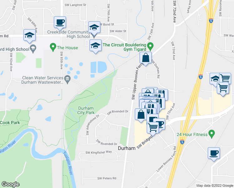 map of restaurants, bars, coffee shops, grocery stores, and more near Southwest Cambridge Drive in Portland