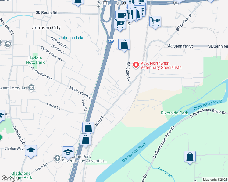 map of restaurants, bars, coffee shops, grocery stores, and more near 9100 Southeast Scottstree Way in Clackamas