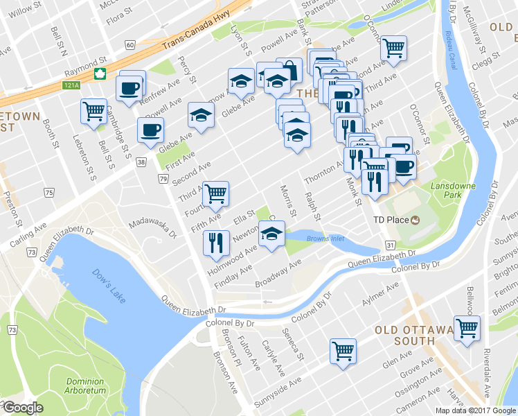 map of restaurants, bars, coffee shops, grocery stores, and more near 13 Ella Street in Ottawa
