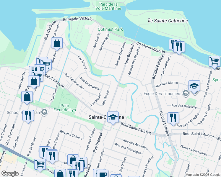 map of restaurants, bars, coffee shops, grocery stores, and more near 555 Rue Séguin in Sainte-Catherine