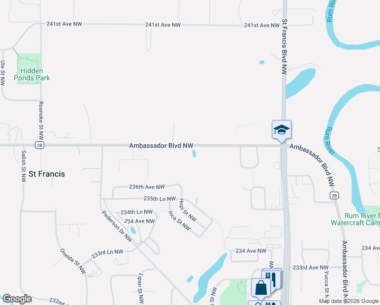 map of restaurants, bars, coffee shops, grocery stores, and more near 4300 Ambassador Boulevard Northwest in Saint Francis