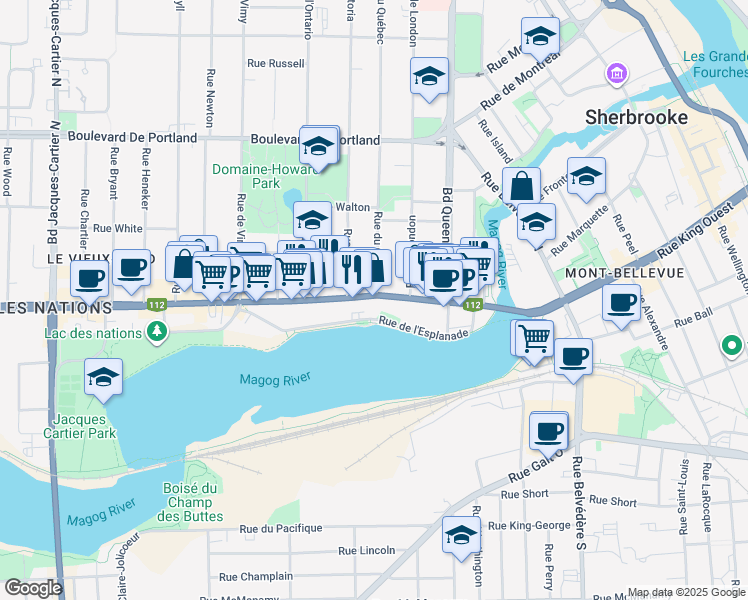 map of restaurants, bars, coffee shops, grocery stores, and more near 1080 Rue King Ouest in Sherbrooke