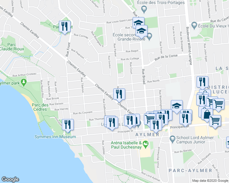 map of restaurants, bars, coffee shops, grocery stores, and more near 95 Rue Brook in Gatineau