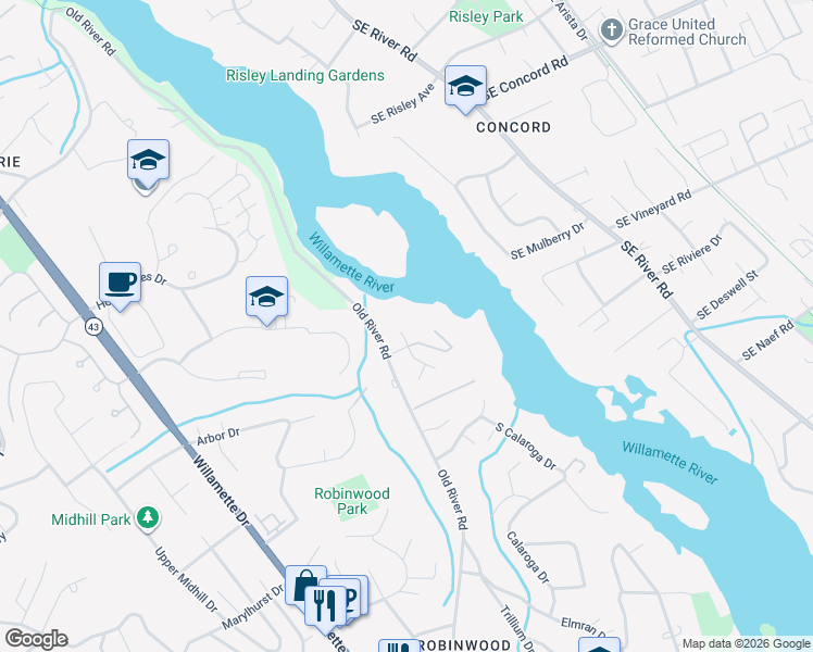 map of restaurants, bars, coffee shops, grocery stores, and more near 18220 River Edge Court in Lake Oswego
