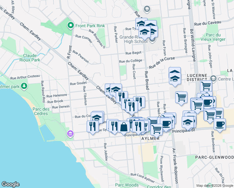 map of restaurants, bars, coffee shops, grocery stores, and more near 95 Rue Brook in Gatineau
