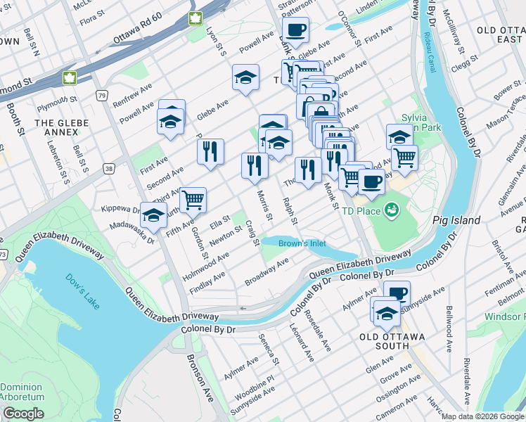 map of restaurants, bars, coffee shops, grocery stores, and more near in Ottawa