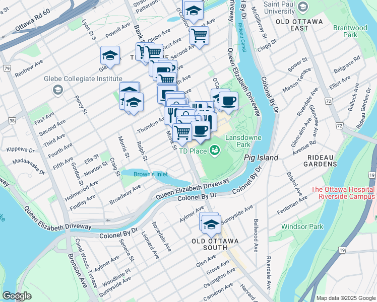 map of restaurants, bars, coffee shops, grocery stores, and more near 1015 Bank Street in Ottawa