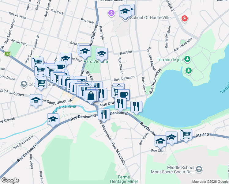 map of restaurants, bars, coffee shops, grocery stores, and more near 23 Rue Elgin in Granby