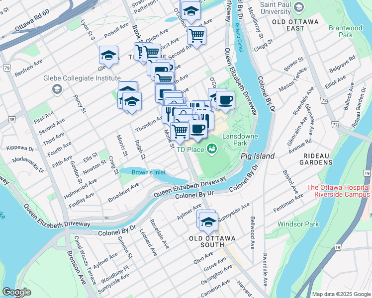 map of restaurants, bars, coffee shops, grocery stores, and more near 955 Ottawa Regional Road 31 in Ottawa