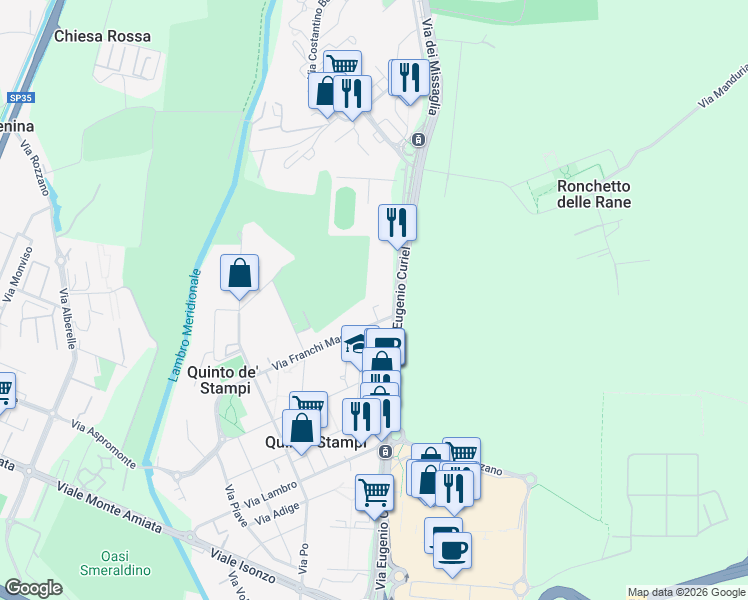 map of restaurants, bars, coffee shops, grocery stores, and more near 4D Via Franchi Maggi in Rozzano