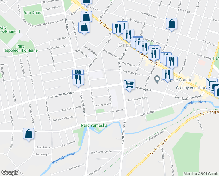 map of restaurants, bars, coffee shops, grocery stores, and more near 129 Rue Albert in Granby