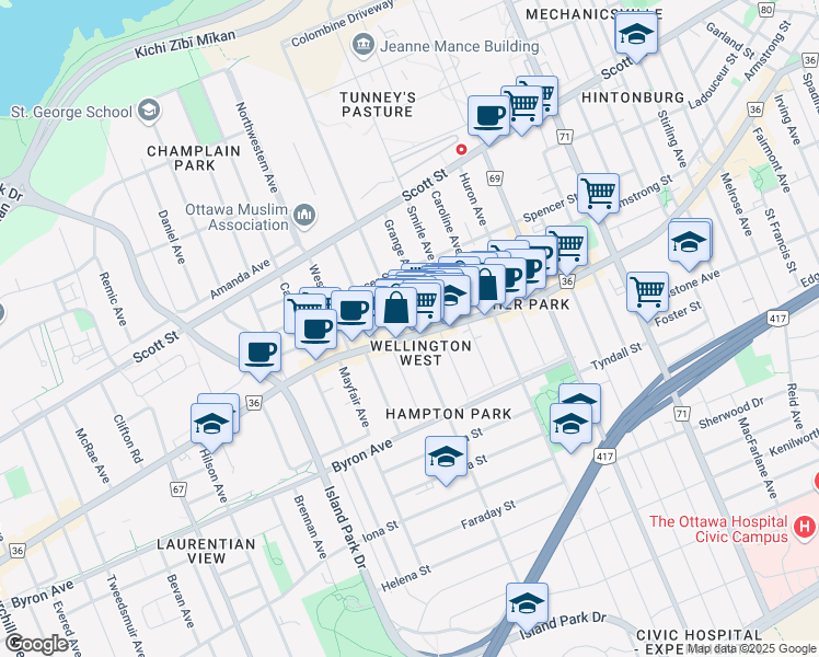 map of restaurants, bars, coffee shops, grocery stores, and more near in Ottawa