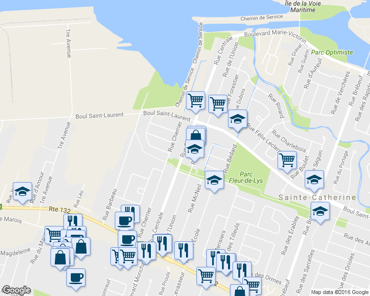 map of restaurants, bars, coffee shops, grocery stores, and more near 1126 Rue Centrale in Sainte-Catherine