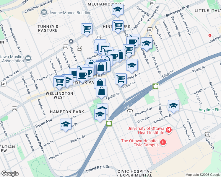 map of restaurants, bars, coffee shops, grocery stores, and more near 90 Hamilton Avenue North in Ottawa