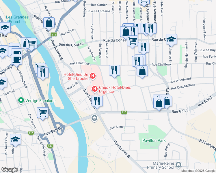 map of restaurants, bars, coffee shops, grocery stores, and more near 550 Rue Murray in Sherbrooke