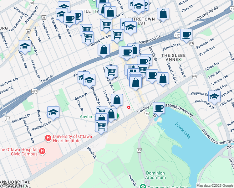 map of restaurants, bars, coffee shops, grocery stores, and more near 105 Champagne Avenue South in Ottawa