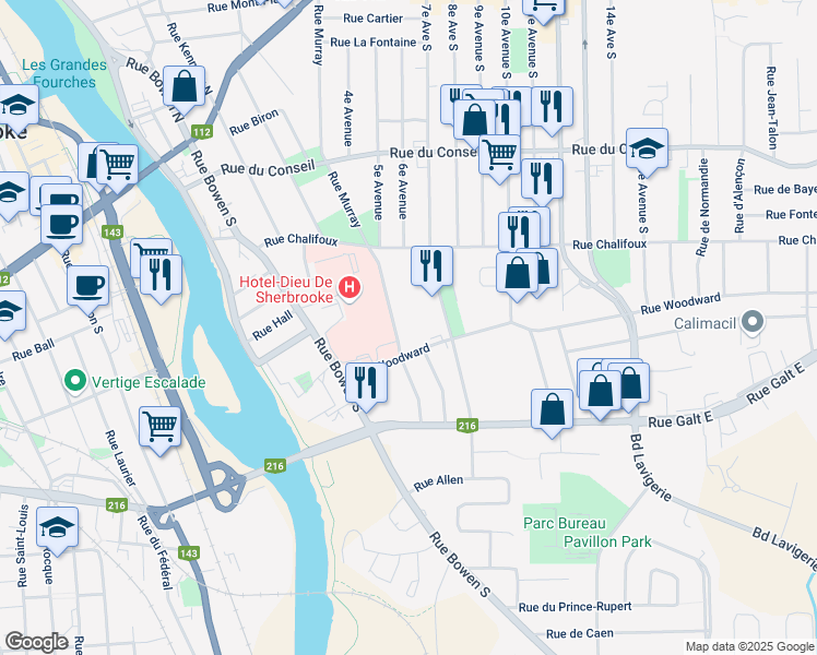 map of restaurants, bars, coffee shops, grocery stores, and more near 550 Rue Murray in Sherbrooke