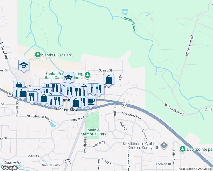 map of restaurants, bars, coffee shops, grocery stores, and more near 39475 Hood Street in Sandy
