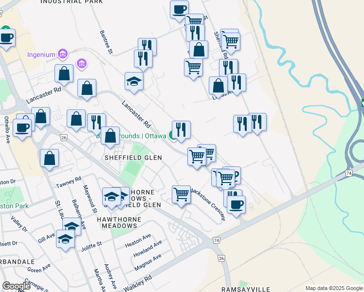 map of restaurants, bars, coffee shops, grocery stores, and more near 2615 Lancaster Road in Ottawa