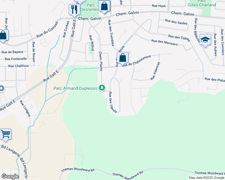 map of restaurants, bars, coffee shops, grocery stores, and more near 635 Rue des Tilleuls in Sherbrooke