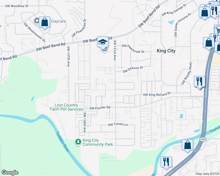 map of restaurants, bars, coffee shops, grocery stores, and more near 13203 Southwest Macbeth Drive in Tigard